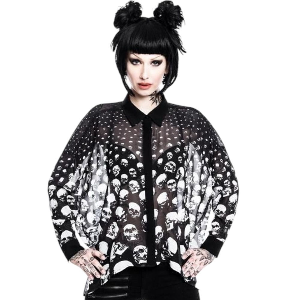 KILLSTAR Skully Skulls Button Down Chiffon Long Sleeve Shirt Top Blouse